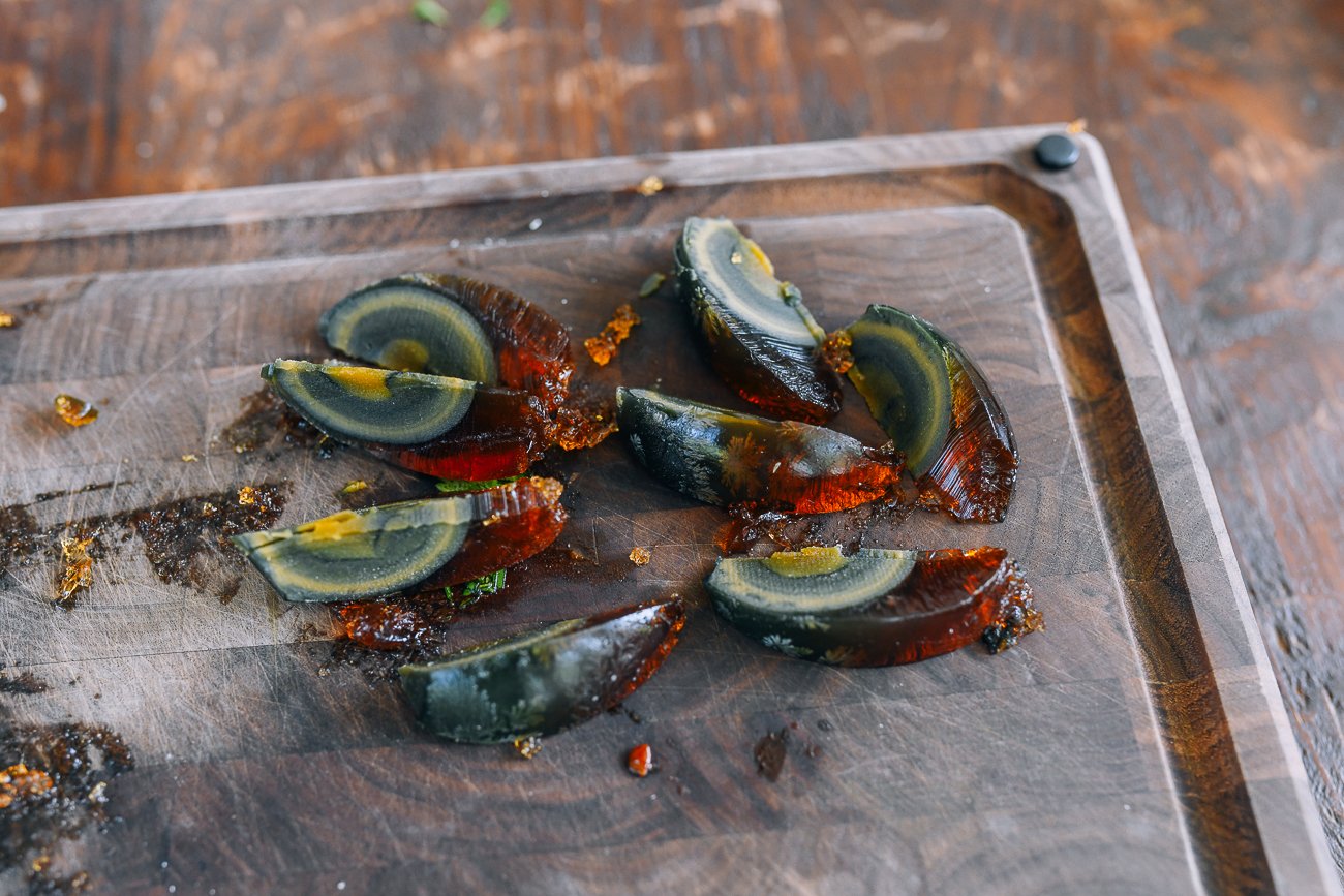 sliced wedges of century eggs