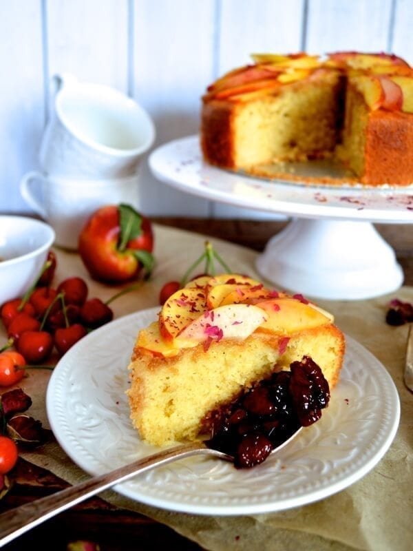 Stone Fruit Semolina Olive Oil Cake w/ Earl Grey Rose Syrup