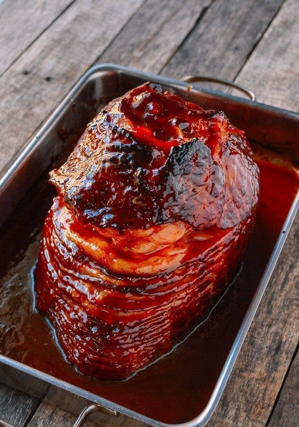 Plum Sauce Glazed Ham with Soy & Scallion Butter Roasted Potatoes