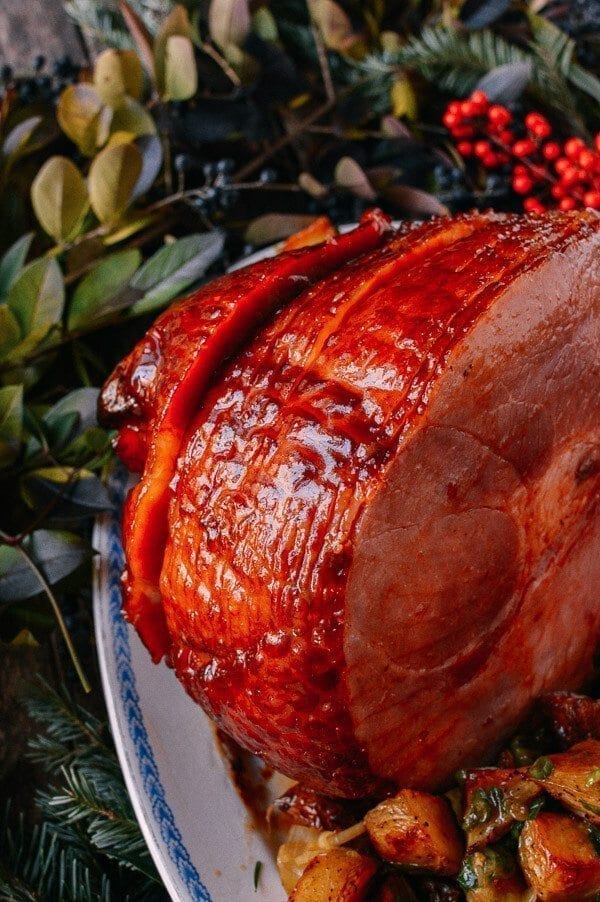 Plum Sauce Glazed Ham with Soy & Scallion Butter Roasted Potatoes