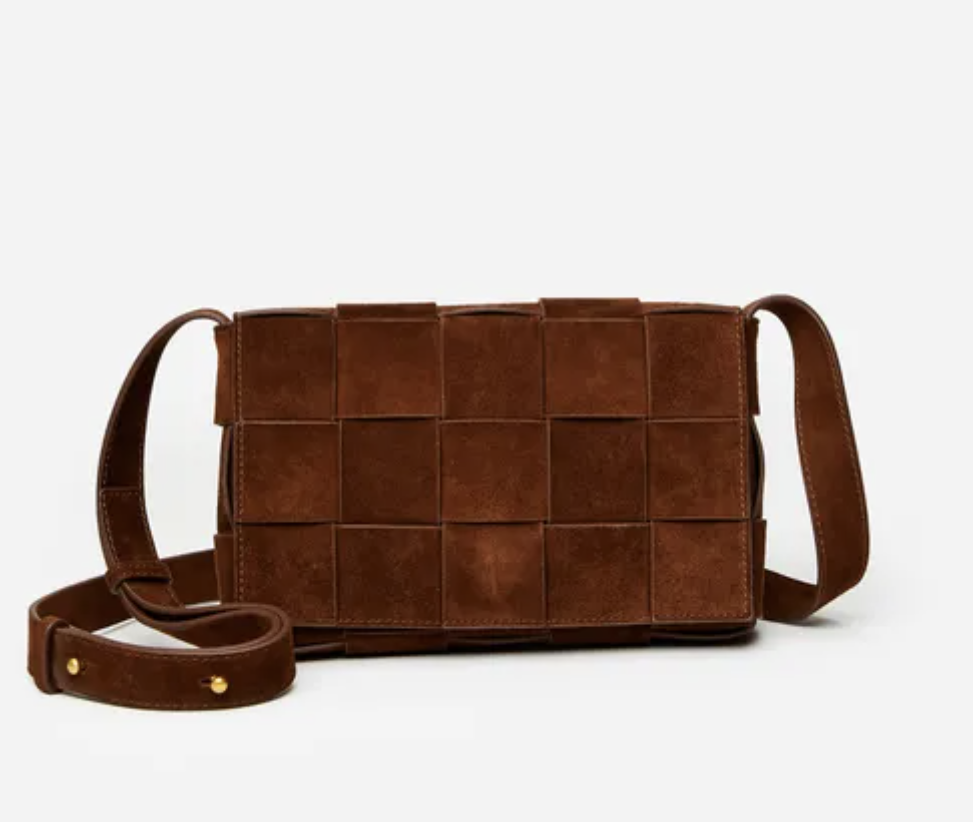 Woven brown suede leather crossbody bag