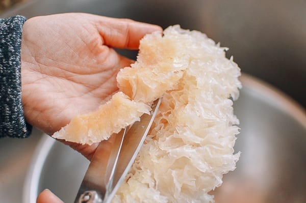 Cutting tough end off of reconstituted snow fungus, jcghk.dfhdjkvfj.cf