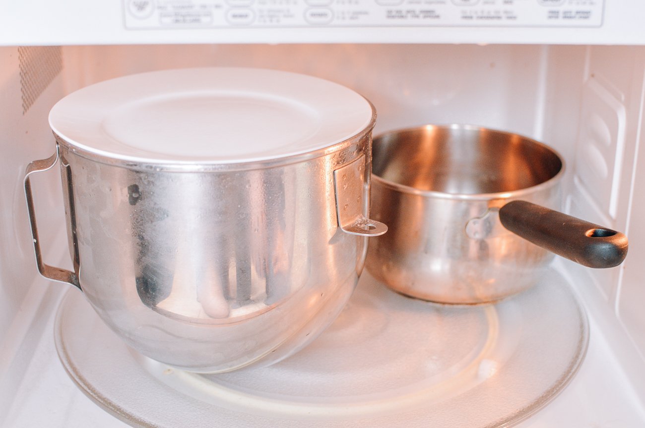 dough proofing with pot of hot water in microwave