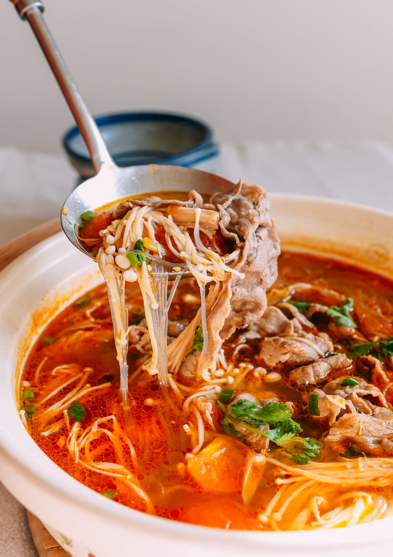Chinese Tomato Beef Soup with Enoki Mushrooms and Mung Bean Noodles