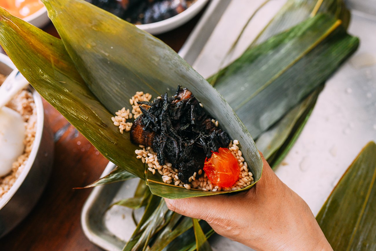 meigan cai pork belly and salted egg yolk in zongzi