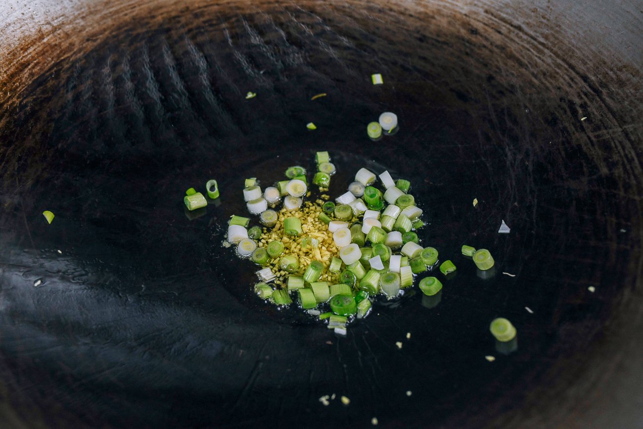 scallions and ginger in wok