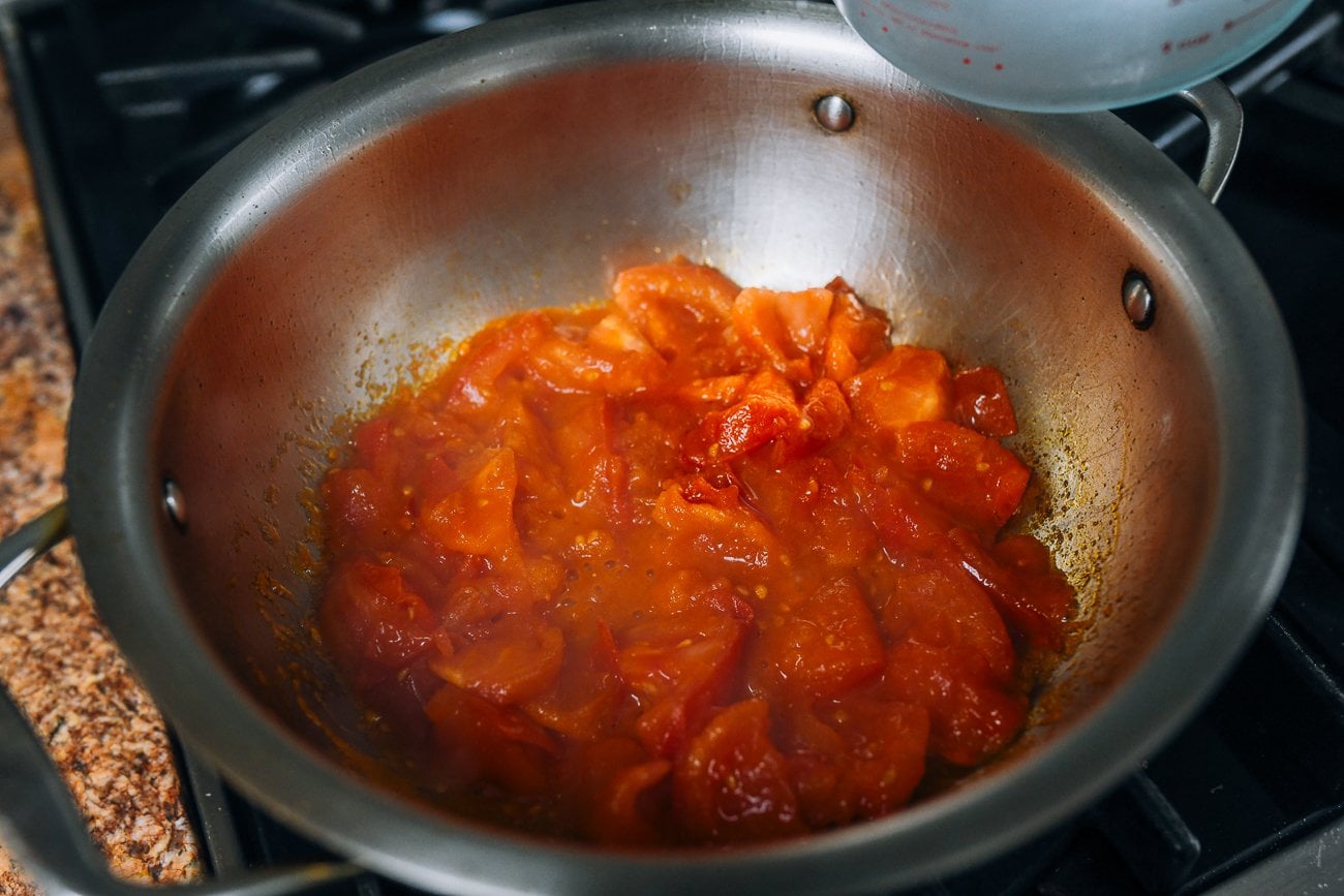 Cooked down tomatoes in soup pot