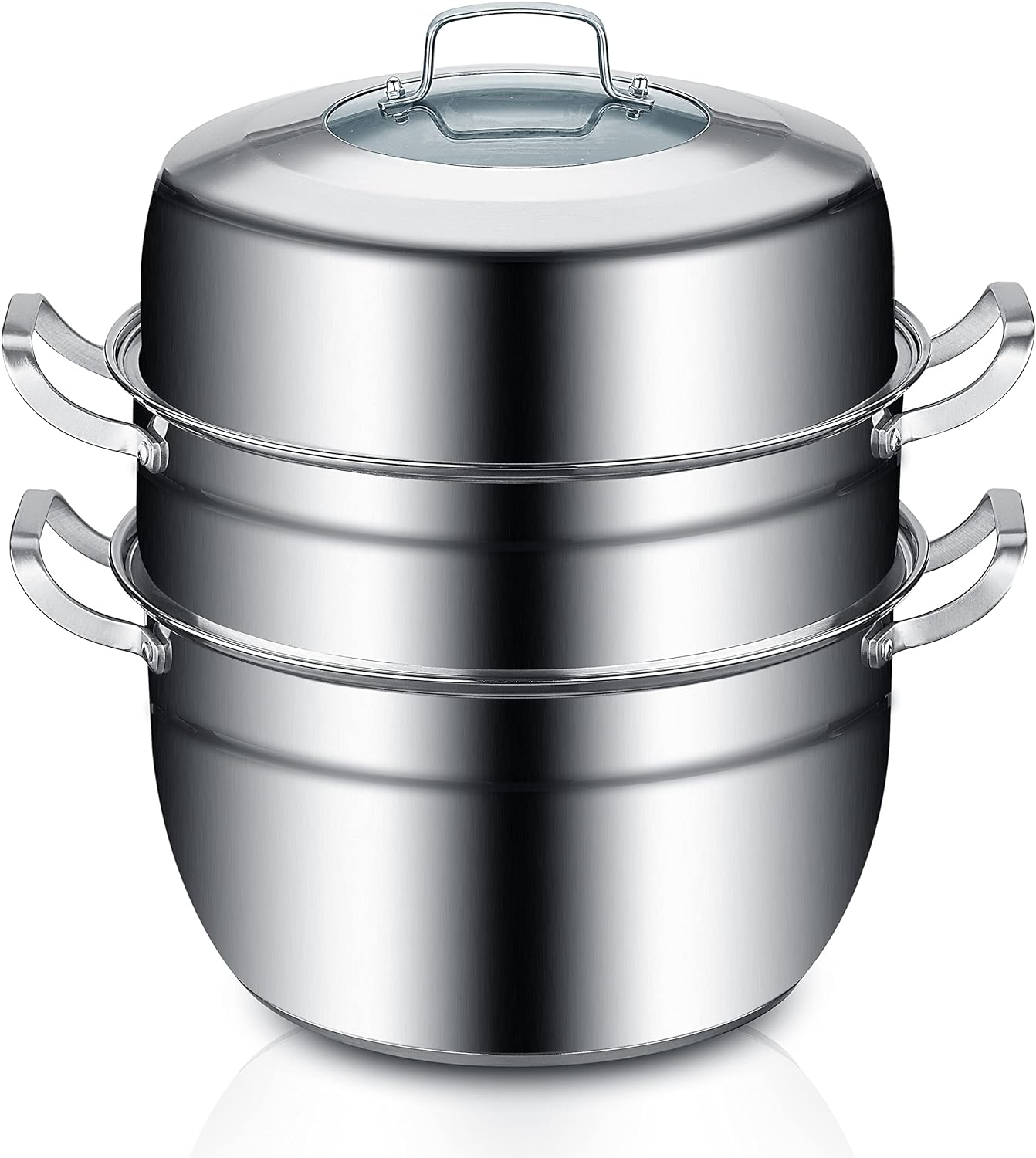 stainless steel steamer with metal handles and two tiers