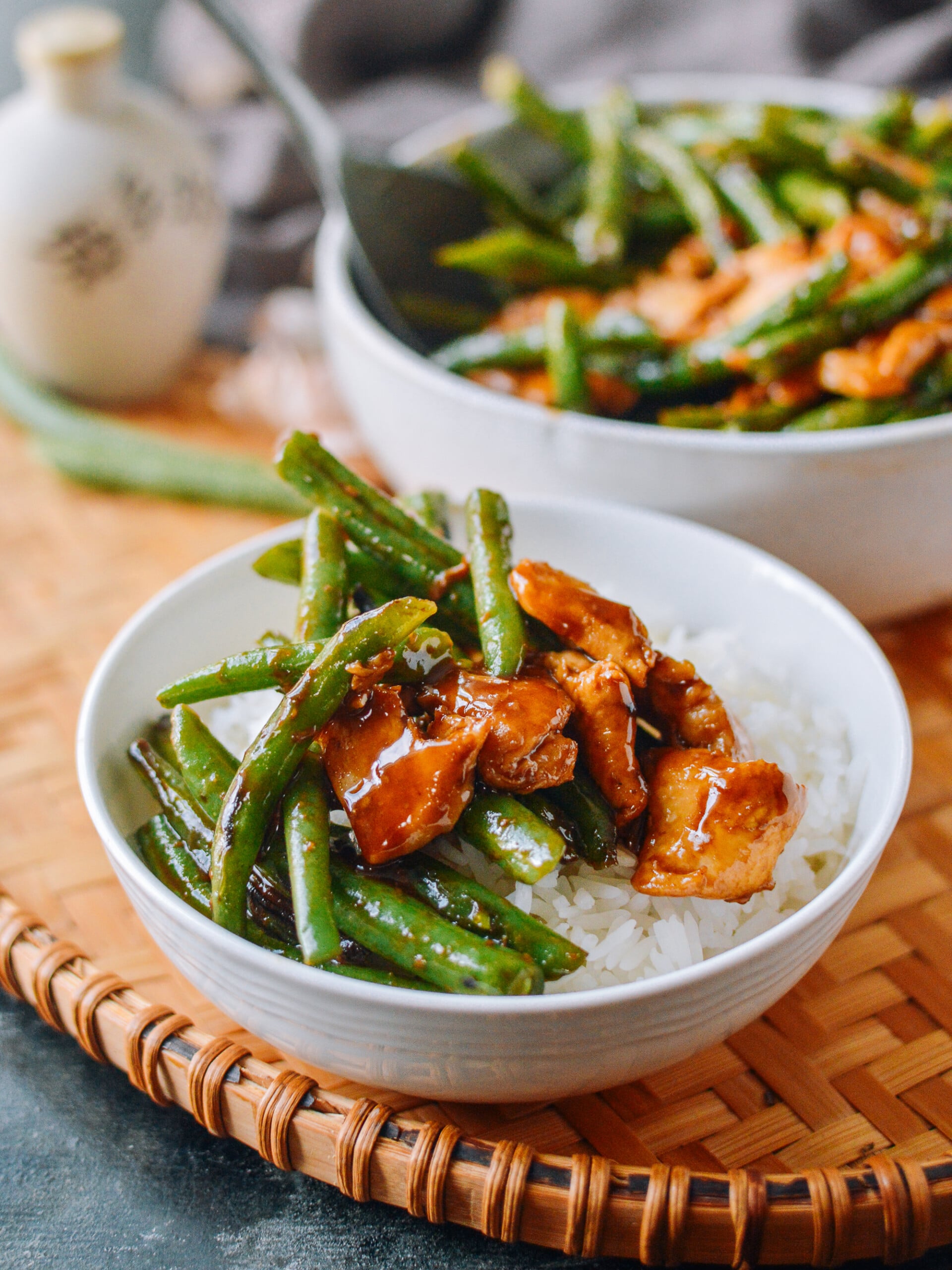 Chicken and string beans over rice