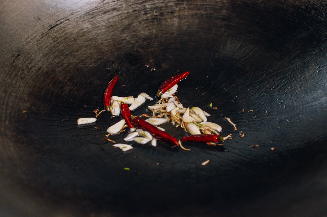 chilies, garlic and ginger in wok