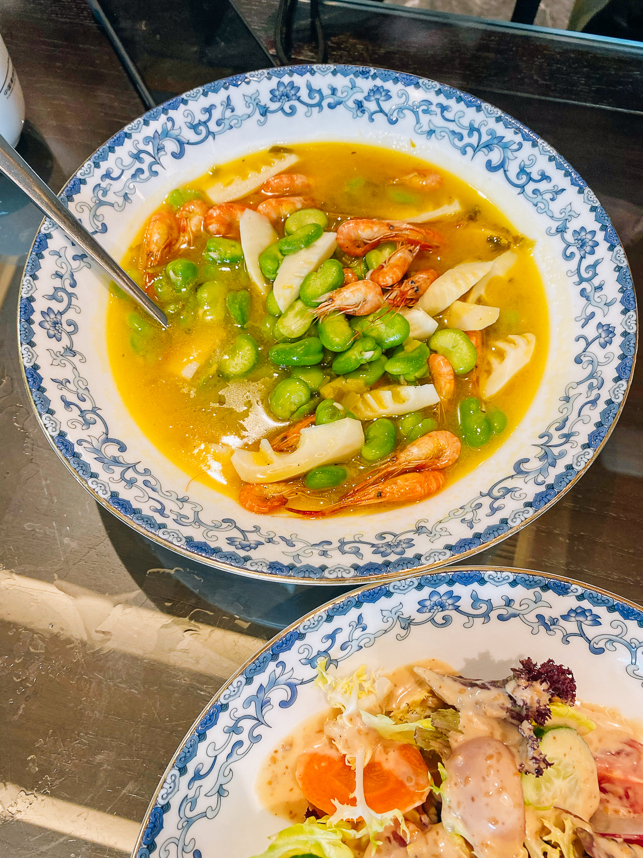 fava beans, bamboo shoots, and freshwater shrimp