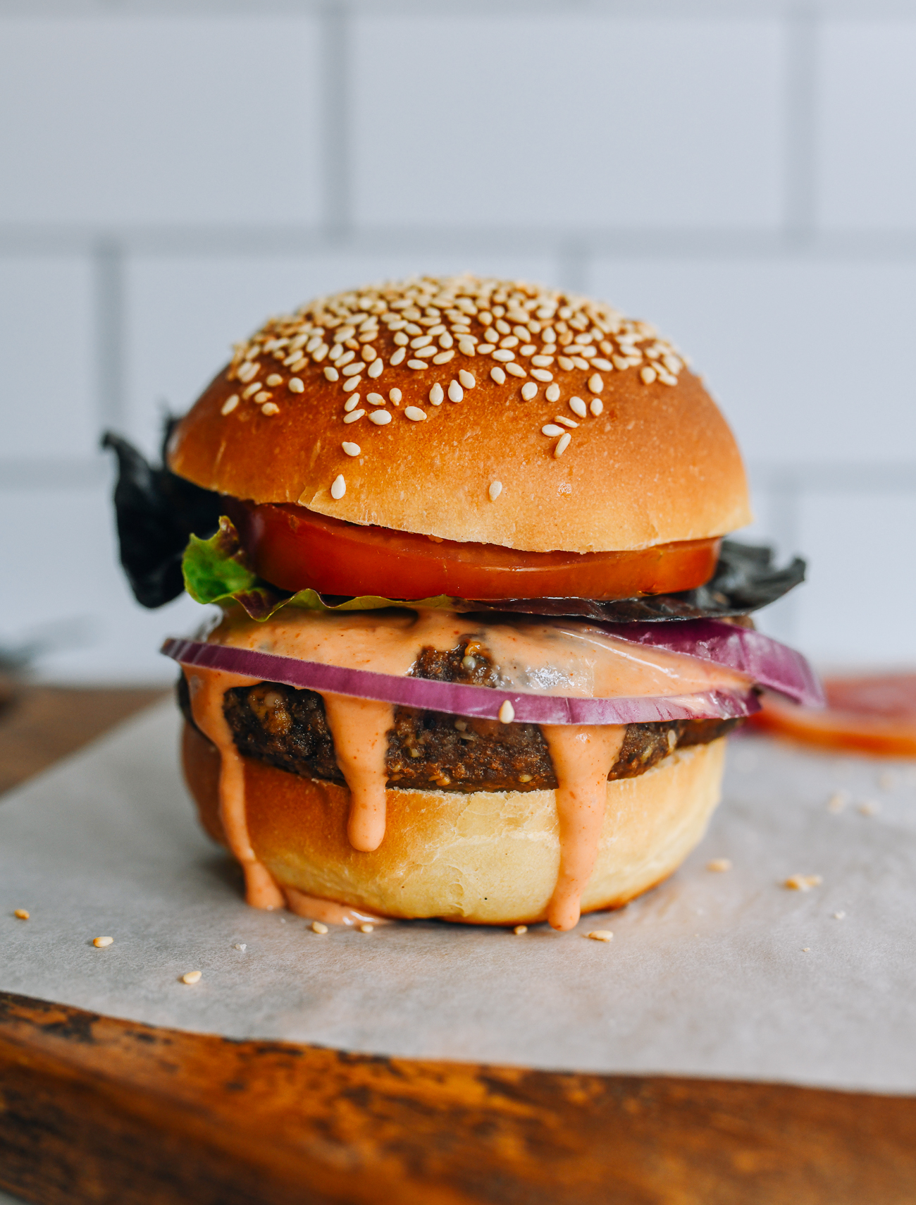 Tofu Burger on homemade sesame seed bun