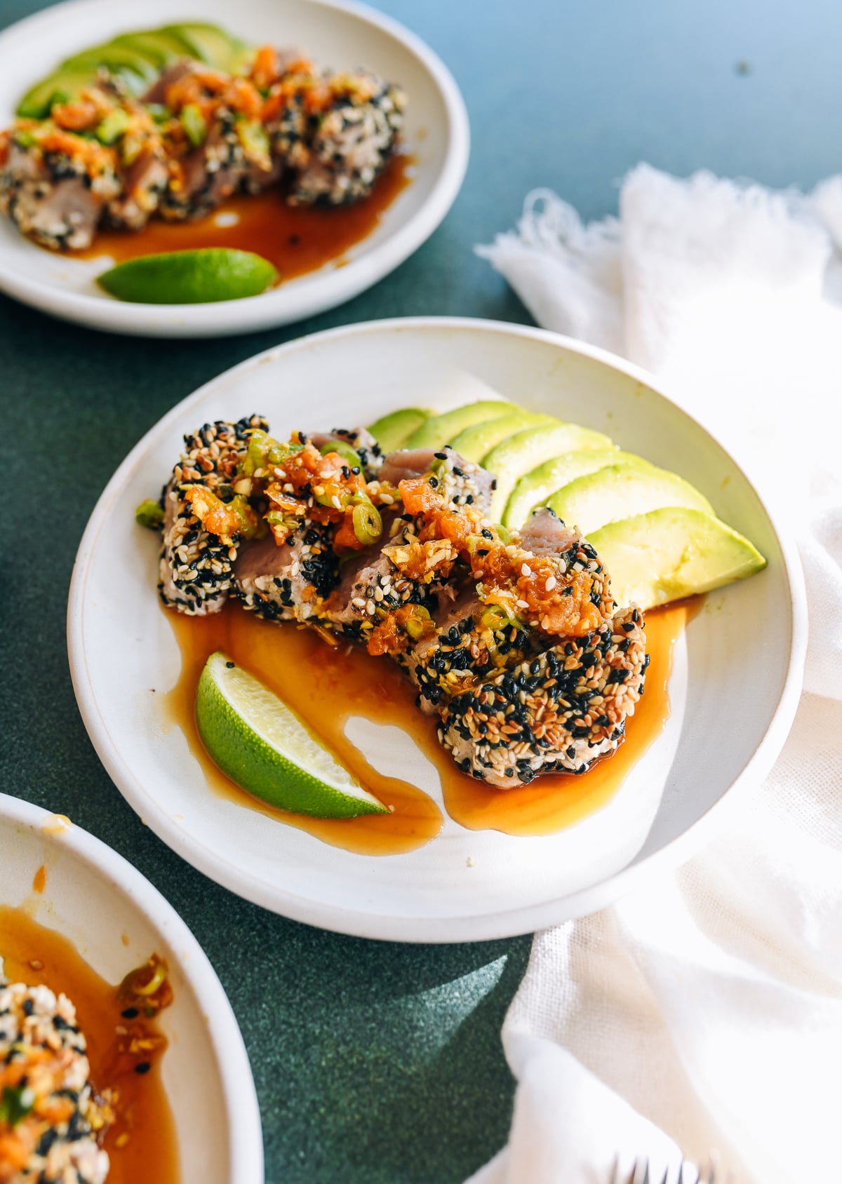 seared ahi tuna with avocado, lime, and citrus dressing