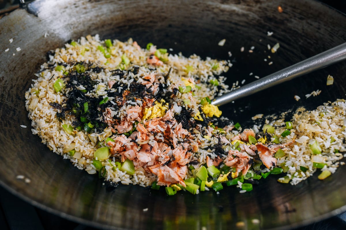 seaweed and flaked salmon added to fried rice