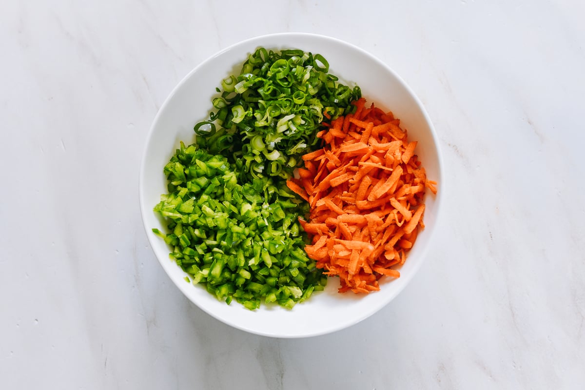 shredded and chopped vegetables in a dish