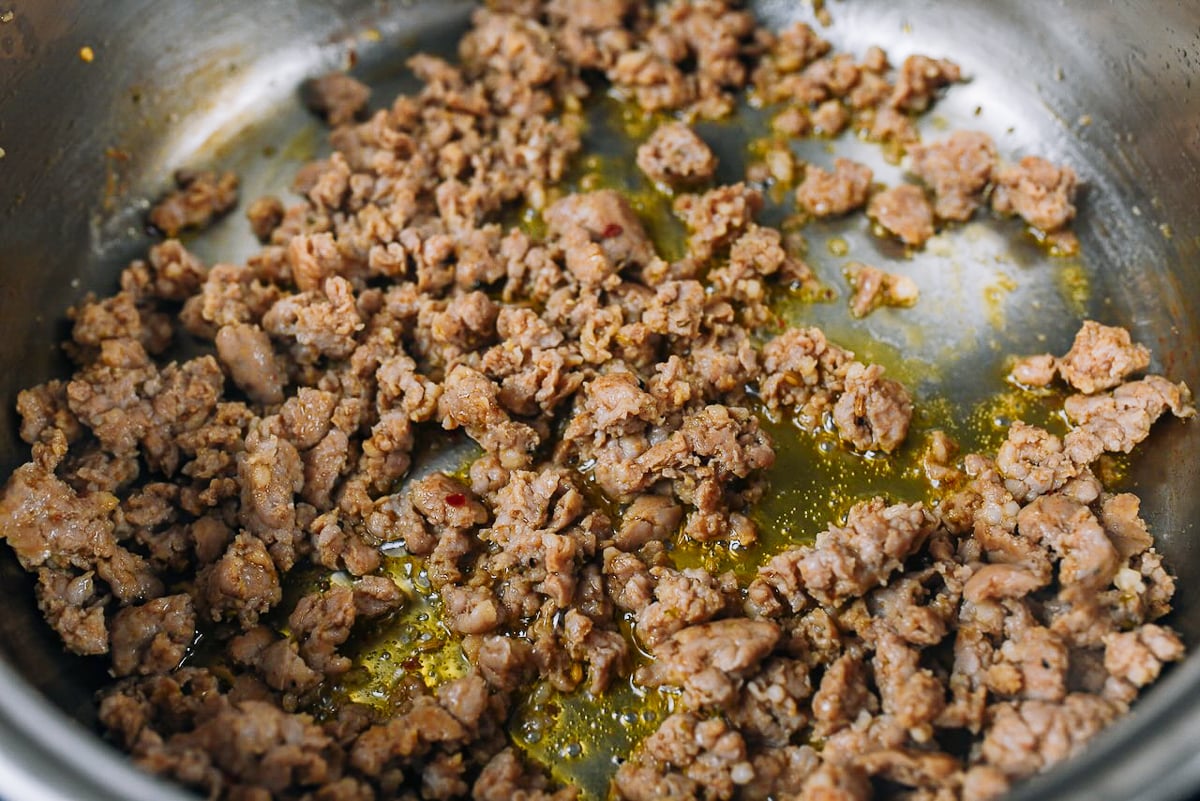 browned sausage in skillet