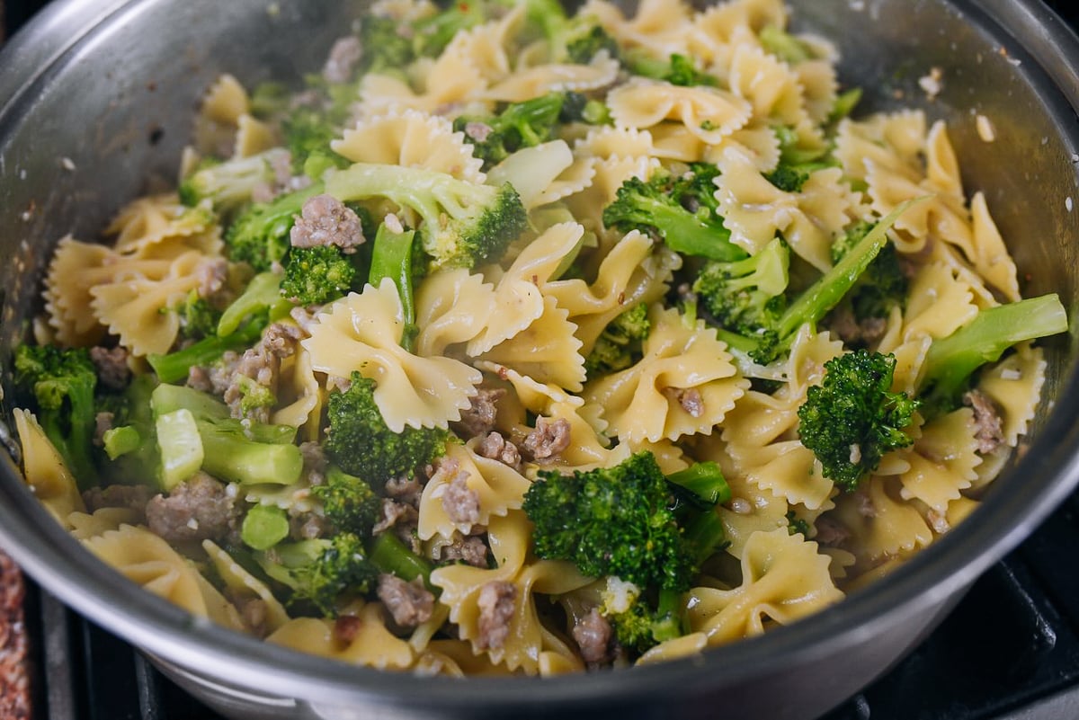 sausage broccoli pasta in skillet