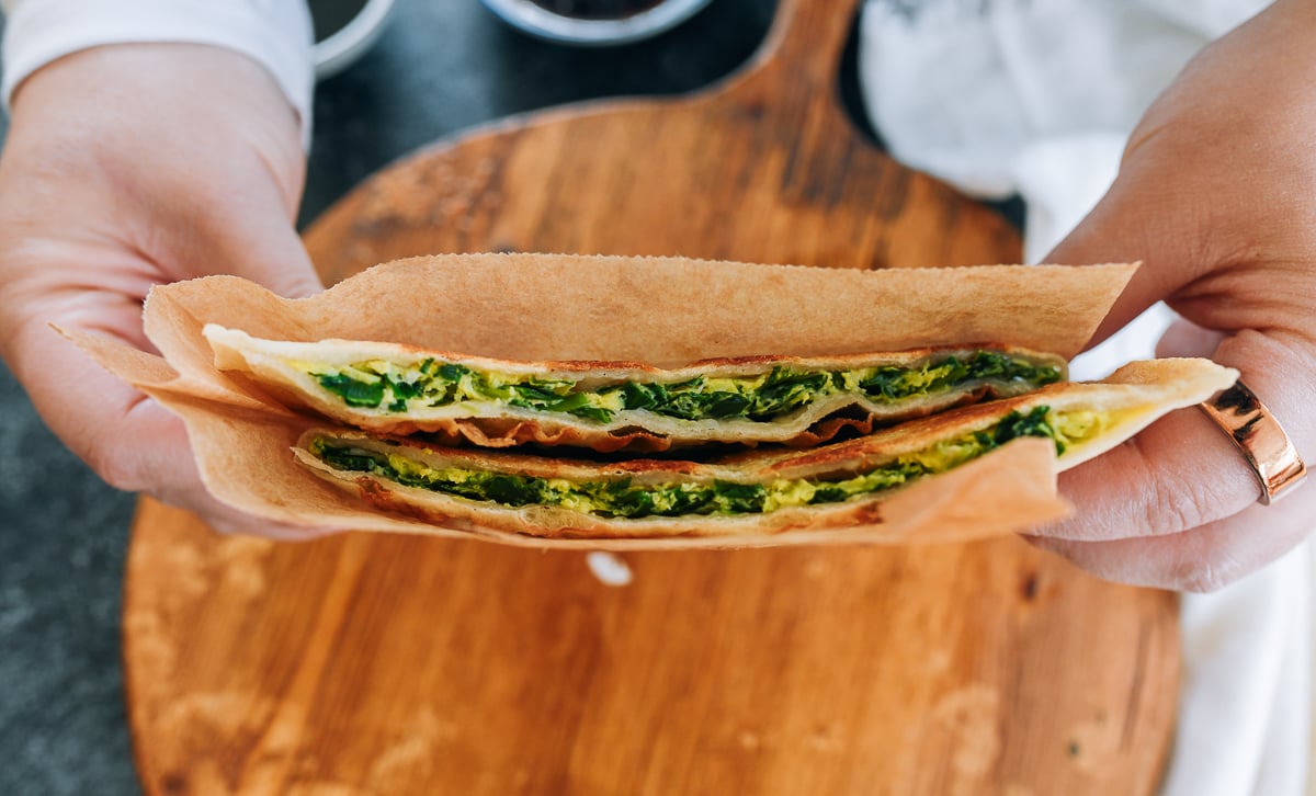 cross-section of chive egg pancake
