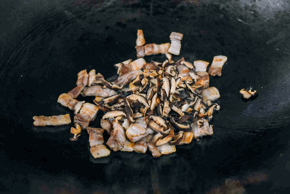 mushrooms added to pork belly