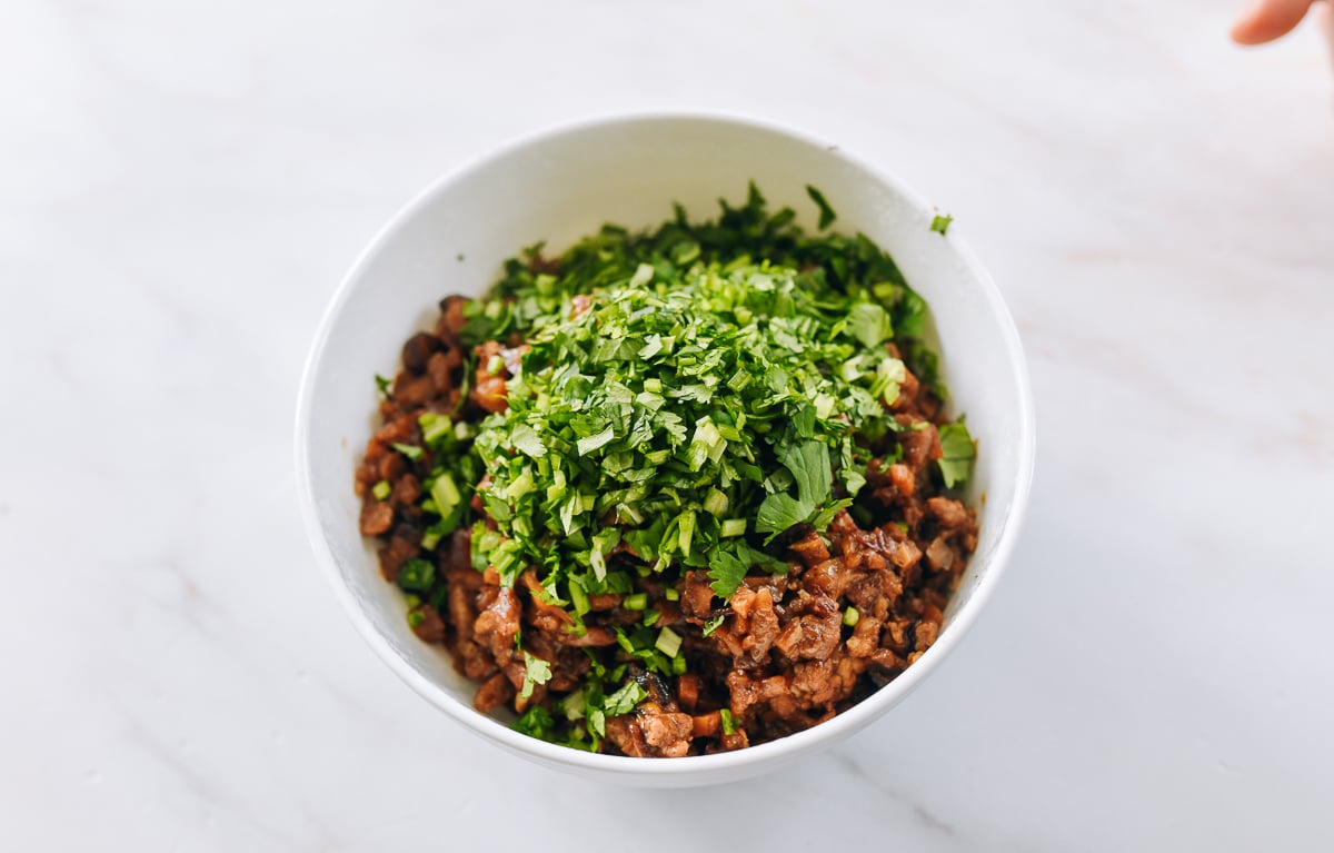 chopped cilantro added to ham sui gok filling