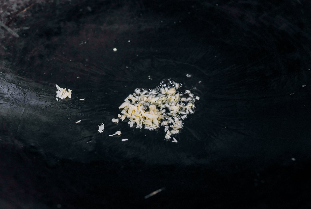 chopped garlic in wok