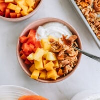 Tropical granola with yogurt and fruit