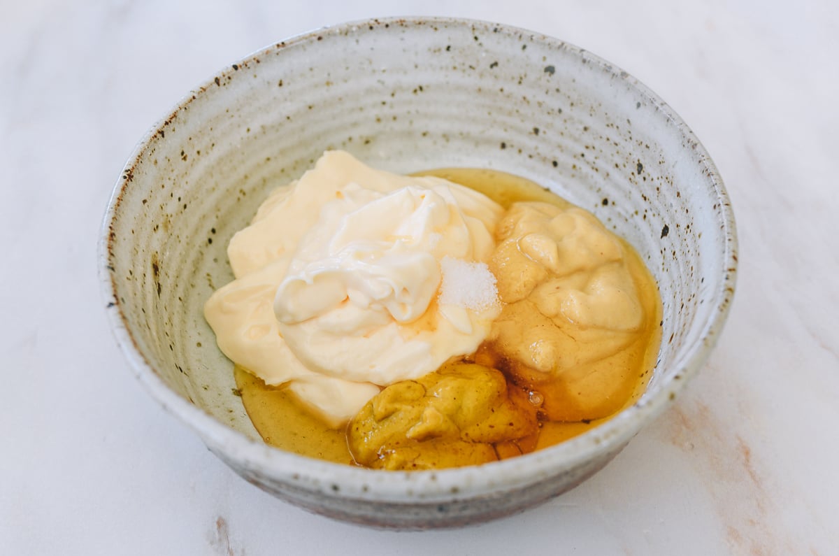 honey mustard dipping sauce ingredients in bowl before mixing