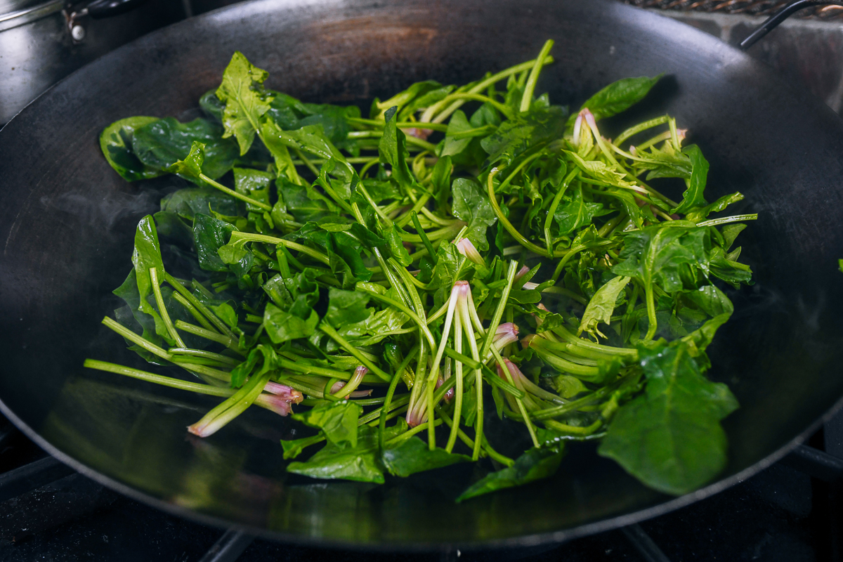spinach stems in wok