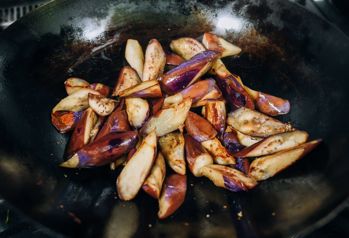 seared eggplant in wok