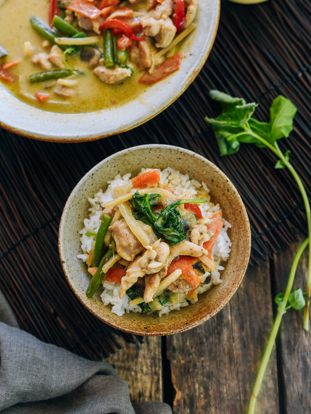 Thai green curry chicken over steamed rice